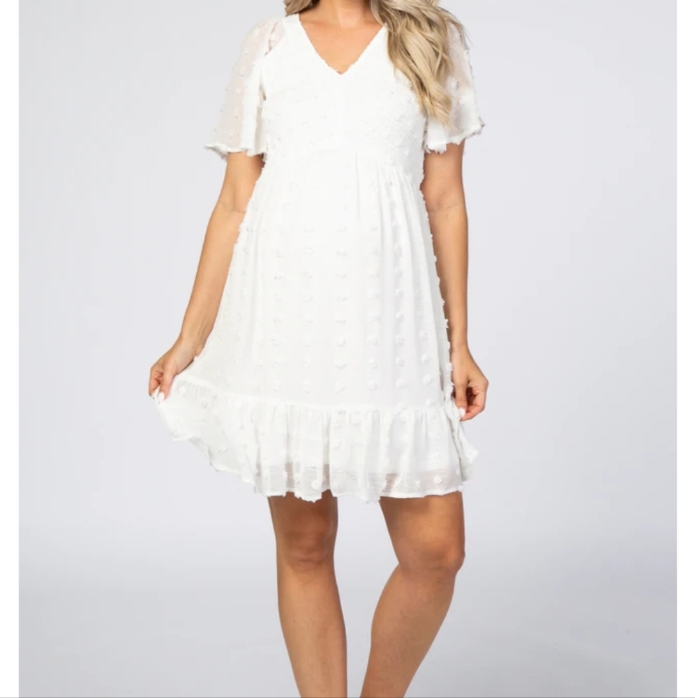 Pinkblush White Swiss Dot Smocked Flutter Sleeve Ruffle Hem Mini Dress  Medium